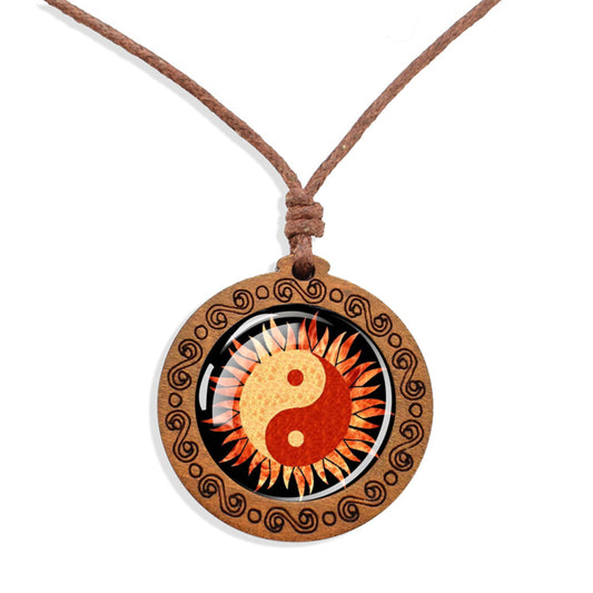 Boho Yin Yang Sun Ethnic Spiritual Wooden Pendant Encased Glass Dome Bohemian Unisex Necklace Adjustable 45-86cm