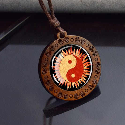 Boho Yin Yang Sun Ethnic Spiritual Wooden Pendant Encased Glass Dome Bohemian Unisex Necklace Adjustable 45-86cm