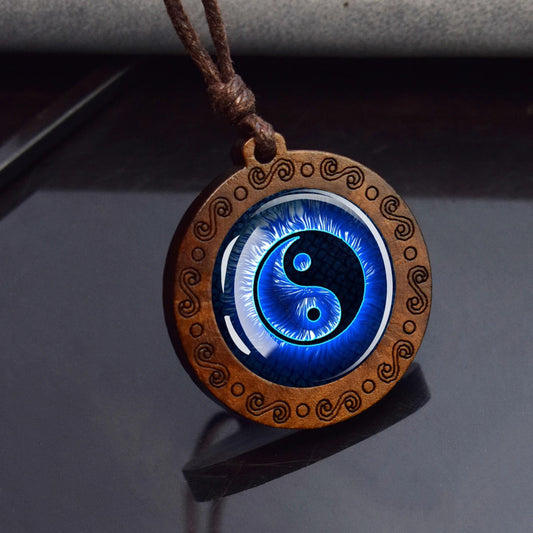 Boho Yin Yang Whirl Ethnic Spiritual Wooden Pendant Encased Glass Dome Bohemian Unisex Necklace Adjustable 45-86cm