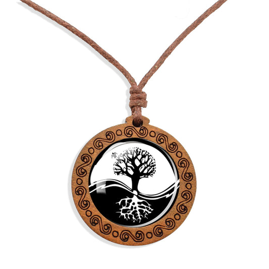 Boho Yin Yang Tree Of Life Ethnic Spiritual Wooden Pendant Encased Glass Dome Bohemian Unisex Necklace Adjustable 45-86cm