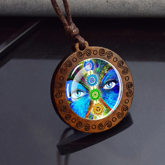 Boho Chakra Eyes Ethnic Spiritual Wooden Pendant Encased Glass Dome Bohemian Unisex Necklace Adjustable 45-86cm