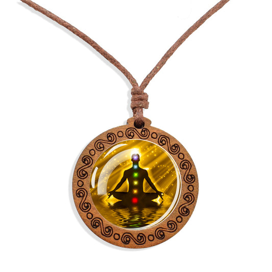 Boho 7 Chakras Light Ethnic Spiritual Wooden Pendant Encased Glass Dome Bohemian Unisex Necklace Adjustable 45-86cm