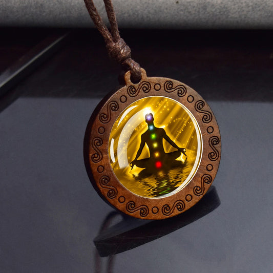 Boho 7 Chakras Light Ethnic Spiritual Wooden Pendant Encased Glass Dome Bohemian Unisex Necklace Adjustable 45-86cm