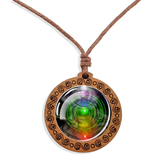 Boho 7 Chakras Celestial Ethnic Spiritual Wooden Pendant Encased Glass Dome Bohemian Unisex Necklace Adjustable 45-86cm