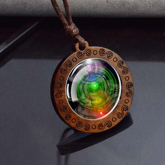 Boho 7 Chakras Celestial Ethnic Spiritual Wooden Pendant Encased Glass Dome Bohemian Unisex Necklace Adjustable 45-86cm