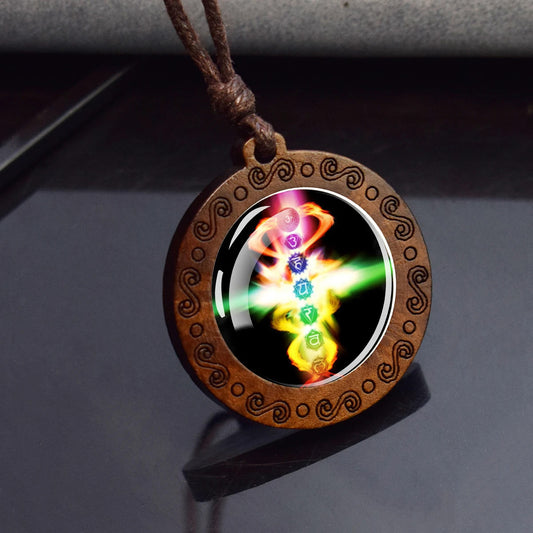 Boho 7 Chakras Classic Ethnic Spiritual Wooden Pendant Encased Glass Dome Bohemian Unisex Necklace Adjustable 45-86cm