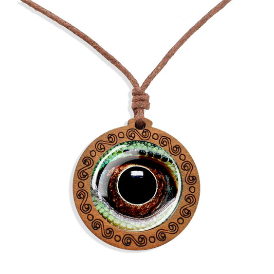 Boho Frog Eye Animal Wooden Pendant Encased Glass Dome Bohemian Unisex Necklace Adjustable 45-86cm