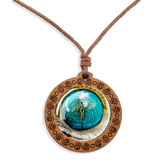Boho Snake Eye Animal Wooden Pendant Encased Glass Dome Bohemian Unisex Necklace Adjustable 45-86cm