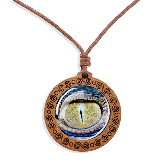 Boho Alligator Eye Animal Wooden Pendant Encased Glass Dome Bohemian Unisex Necklace Adjustable 45-86cm