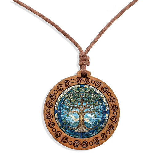 Boho Blue Aura Tree Of Life Ethnic Spiritual Wooden Pendant Encased Glass Dome Bohemian Unisex Necklace Adjustable 45-86cm