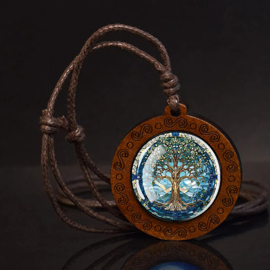 Boho Blue Aura Tree Of Life Ethnic Spiritual Wooden Pendant Encased Glass Dome Bohemian Unisex Necklace Adjustable 45-86cm