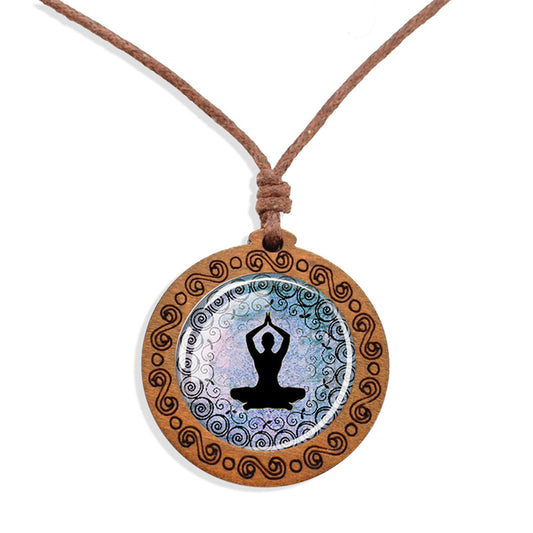 Boho Buddha Chakra Ethnic Spiritual Wooden Pendant Encased Glass Dome Bohemian Unisex Necklace Adjustable 45-86cm