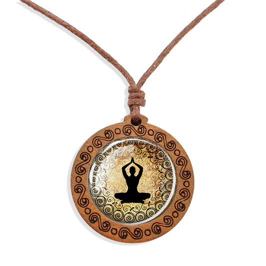 Boho Buddha Chakra Ethnic Spiritual Wooden Pendant Encased Glass Dome Bohemian Unisex Necklace Adjustable 45-86cm