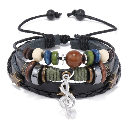 Ethnic Boho 4-Layer Multi-Coloured Beaded Leather Set Adjustable Bracelets with Music Note Charm Gothic Steampunk Bohemian Unisex Wristband