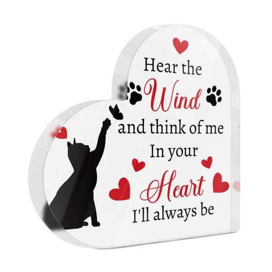 In Your Heart I'll Always Be Memorial Pet Cat Heart-Shaped Block Acrylic Plaque Gift Free-Standing Sign Keepsake For Loss of Pet Bereavement Sympathy Remembrance In Memory of Cat Passed Away