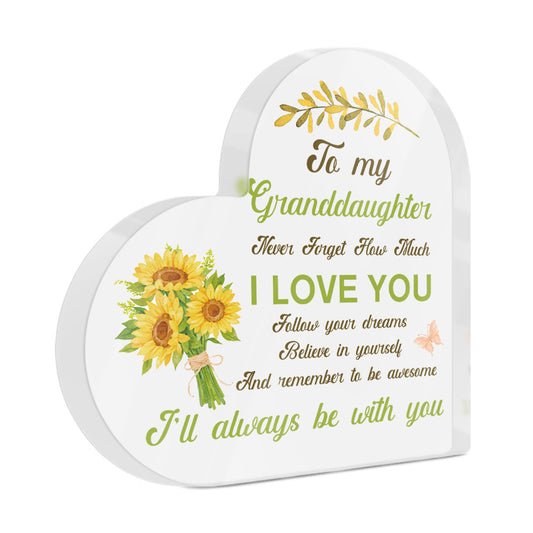 To My Granddaughter Sunflower Heart-Shaped Block Acrylic Plaque Gift Free-Standing Sign Keepsake Floral Sunflower Gifts For Granddaughter For Birthday Graduation Special Occasion