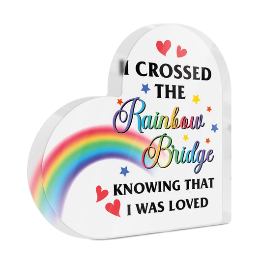 I Crossed The Rainbow Bridge Memorial Pet Dog Cat Heart-Shaped Block Acrylic Plaque Gift Free-Standing Sign Gifts Loss of Pet Bereavement Sympathy Remembrance In Memory of Pet Passed Away