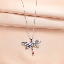 Rhinestone Dragonfly Rainbow Colours Pendant Necklace Silver Chain