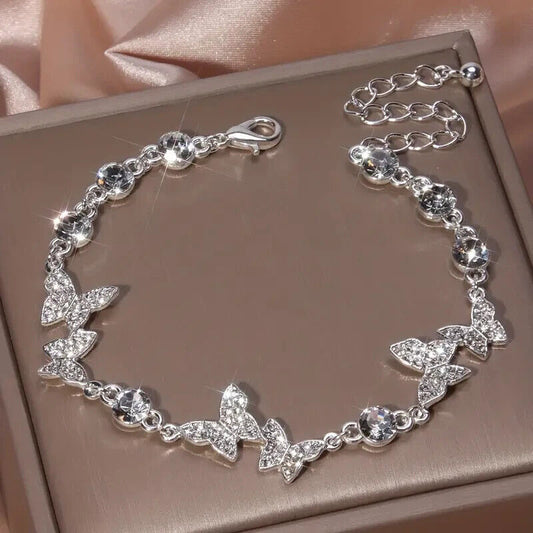 925 Silver Plated Bracelet Triple Butterfly Rhinestone Adjustable Bracelet