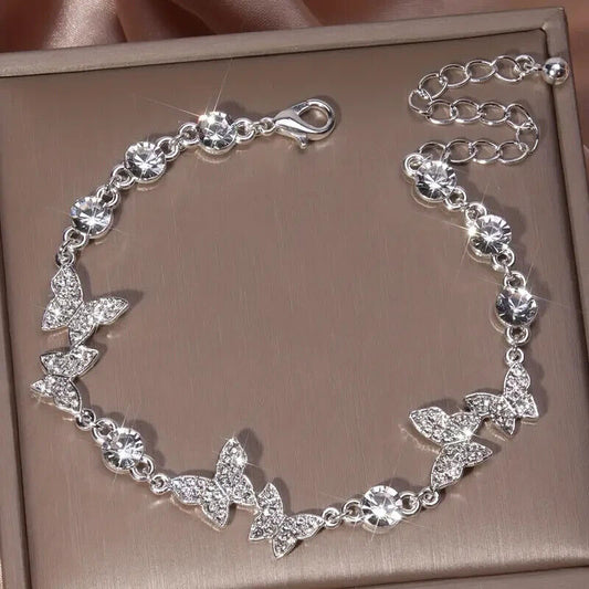 925 Silver Plated Bracelet Triple Butterfly Rhinestone Adjustable Bracelet