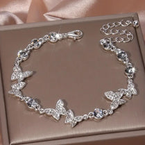 925 Silver Plated Bracelet Triple Butterfly Rhinestone Adjustable Bracelet