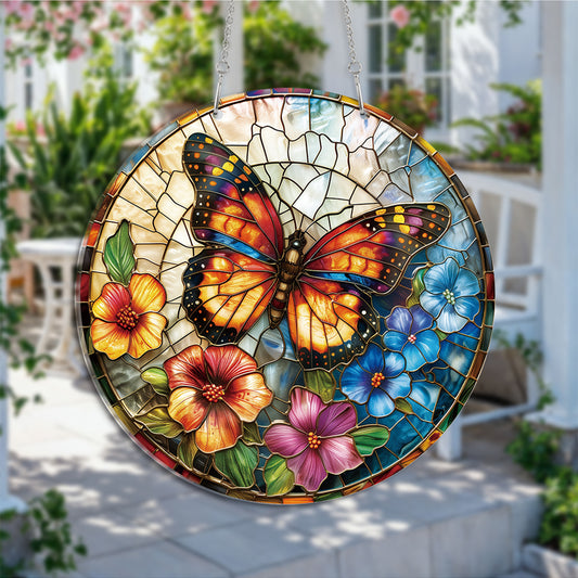 Buttefly Garden V3 Round Acrylic Multi-Coloured Hanging Ornament Indoor/Outdoor Garden Window Conservatory Plaque Ready To Hang Sunlight Decor