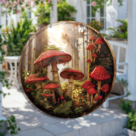 Mushroom Woods V2 Round Acrylic Multi-Coloured Hanging Ornament Indoor/Outdoor Garden Window Conservatory Plaque Ready To Hang Sunlight Decor