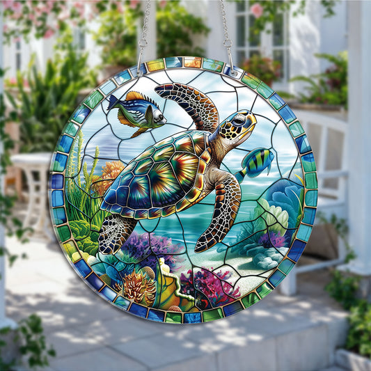 Sea Turtle Round Acrylic Multi-Coloured Hanging Ornament Indoor/Outdoor Garden Window Conservatory Plaque Ready To Hang Sunlight Decor