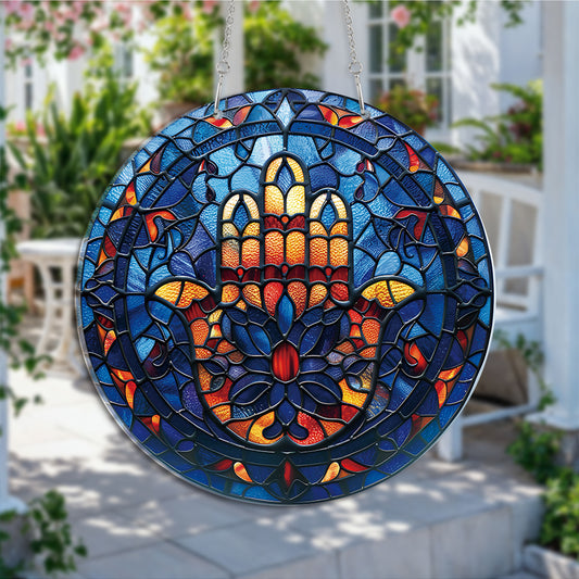 Hamsa Hand Round Acrylic Multi-Coloured Hanging Ornament Indoor/Outdoor Garden Window Conservatory Plaque Ready To Hang Sunlight Decor
