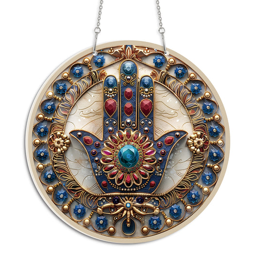 Hamsa Hand V2 Round Acrylic Multi-Coloured Hanging Ornament Indoor/Outdoor Garden Window Conservatory Plaque Ready To Hang Sunlight Decor