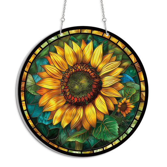 Sunflower Blossom Round Acrylic Multi-Coloured Hanging Ornament Indoor/Outdoor Garden Window Conservatory Plaque Ready To Hang Sunlight Decor