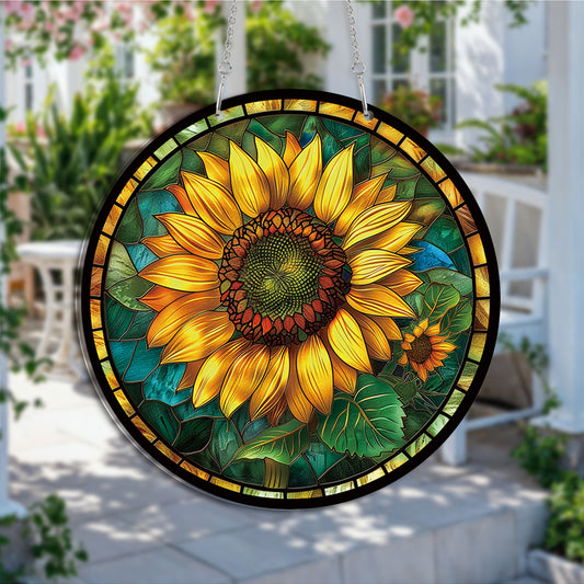 Sunflower Blossom Round Acrylic Multi-Coloured Hanging Ornament Indoor/Outdoor Garden Window Conservatory Plaque Ready To Hang Sunlight Decor