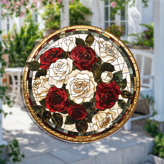 White Red Roses Round Acrylic Multi-Coloured Hanging Ornament Indoor/Outdoor Garden Window Conservatory Plaque Ready To Hang Sunlight Decor