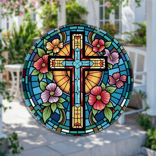Ethnic Cross Round Acrylic Multi-Coloured Hanging Ornament Indoor/Outdoor Garden Window Conservatory Plaque Ready To Hang Sunlight Decor