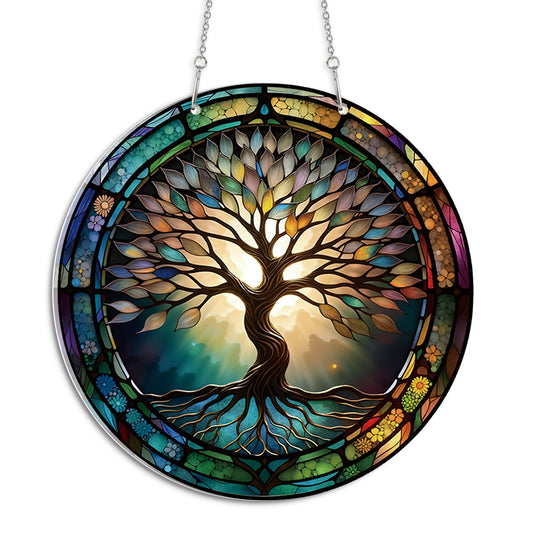 Classic Tree Of Life Bohemian Round Acrylic Multi-Coloured Hanging Ornament Indoor/Outdoor Garden Window Conservatory Plaque Ready To Hang Sunlight Decor