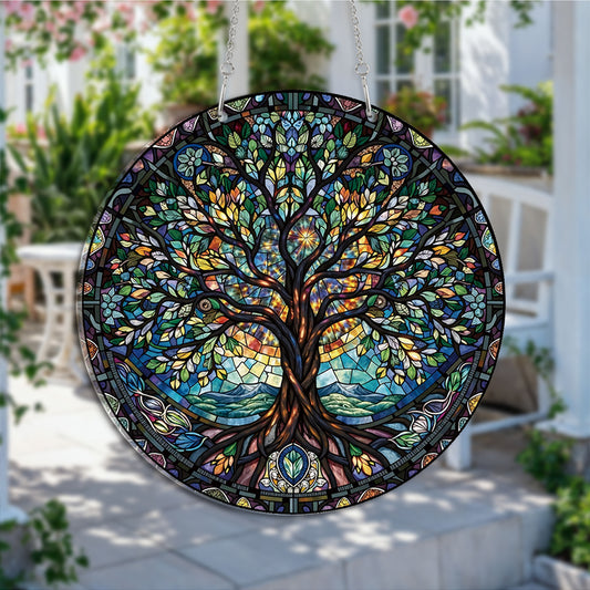 Ethnic Tree Of Life Bohemian Round Acrylic Multi-Coloured Hanging Ornament Indoor/Outdoor Garden Window Conservatory Plaque Ready To Hang Sunlight Decor