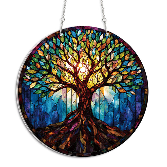 Mystic Tree Of Life Round Acrylic Multi-Coloured Hanging Ornament Indoor/Outdoor Garden Window Conservatory Plaque Ready To Hang Sunlight Decor