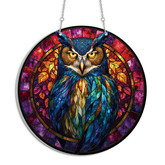 Night Owl Round Acrylic Multi-Coloured Hanging Ornament Indoor/Outdoor Garden Window Conservatory Plaque Ready To Hang Sunlight Decor
