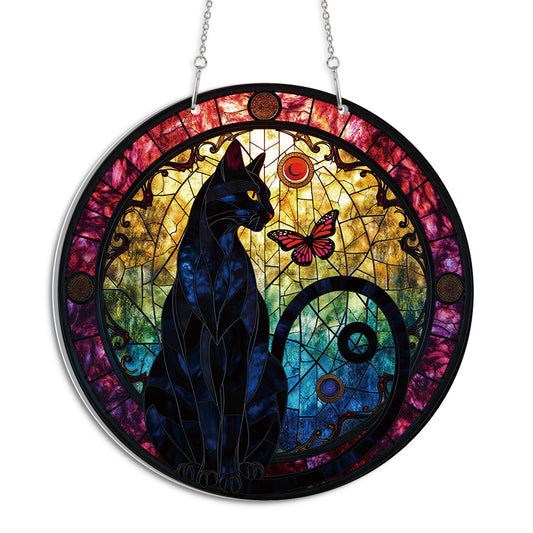 Cat Of The Gilded Night Round Acrylic Multi-Coloured Hanging Ornament Indoor/Outdoor Garden Window Conservatory Plaque Ready To Hang Sunlight Decor