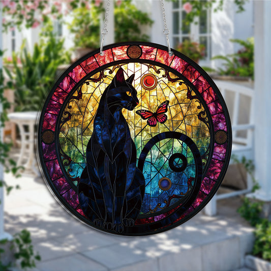 Cat Of The Gilded Night Round Acrylic Multi-Coloured Hanging Ornament Indoor/Outdoor Garden Window Conservatory Plaque Ready To Hang Sunlight Decor