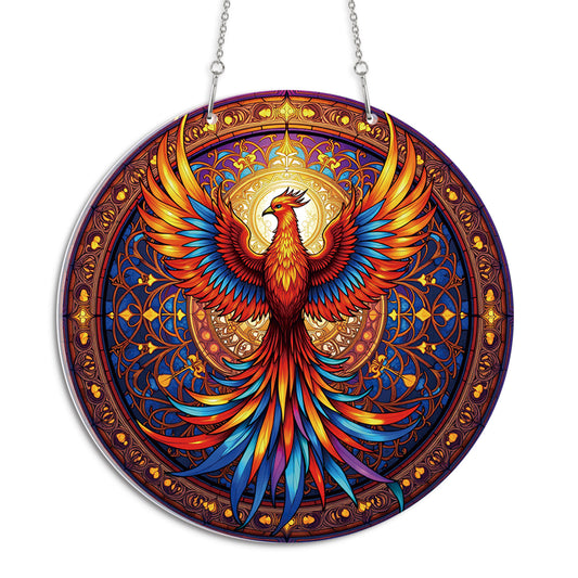 Mystic Phoenix Round Acrylic Multi-Coloured Hanging Ornament Indoor/Outdoor Garden Window Conservatory Plaque Ready To Hang Sunlight Decor