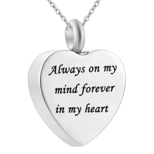 Always On My Mind Forever In My Heart Cremation Urn Necklace Pendant Ashes Memorial Heart Locket Keepsake in Stainless Steel Gift For Loss Of Loved One Bereavement Sympathy Remembrance