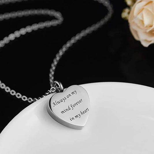 Always On My Mind Forever In My Heart Cremation Urn Necklace Pendant Ashes Memorial Heart Locket Keepsake in Stainless Steel Gift For Loss Of Loved One Bereavement Sympathy Remembrance