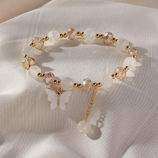 Butterfly Charm Pendant Elastic Stretchable Bracelet w/White Gold Stones