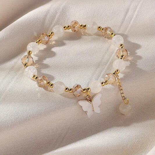 Butterfly Charm Pendant Elastic Stretchable Bracelet w/White Gold Stones