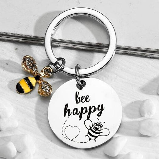 Bee Happy Keychain Bee Lovers Gift Present Metal Keyring