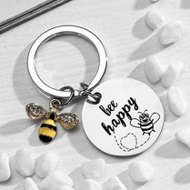 Bee Happy Keychain Bee Lovers Gift Present Metal Keyring