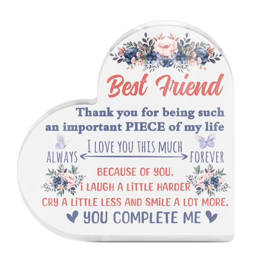 Best Friend Floral Appreciation Heart-Shaped Block Acrylic Plaque Gift Free-Standing Sign Keepsake For Bestie Best Friends Friendship For Birthday Present Special Occasion