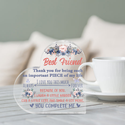 Best Friend Floral Appreciation Heart-Shaped Block Acrylic Plaque Gift Free-Standing Sign Keepsake For Bestie Best Friends Friendship For Birthday Present Special Occasion