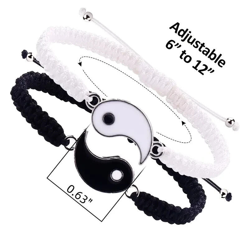 Pair of Best Friend Couple Matching Yin Yang Adjustable Cord Bracelets with added dimensions, showing detailed measurements of the bracelets and charms for size reference.